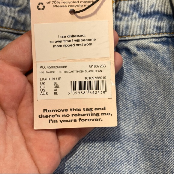 Missguided Light Blue Distressed High Waisted Straight Thigh Slash Jeans NWT 4L - Picture 9 of 16